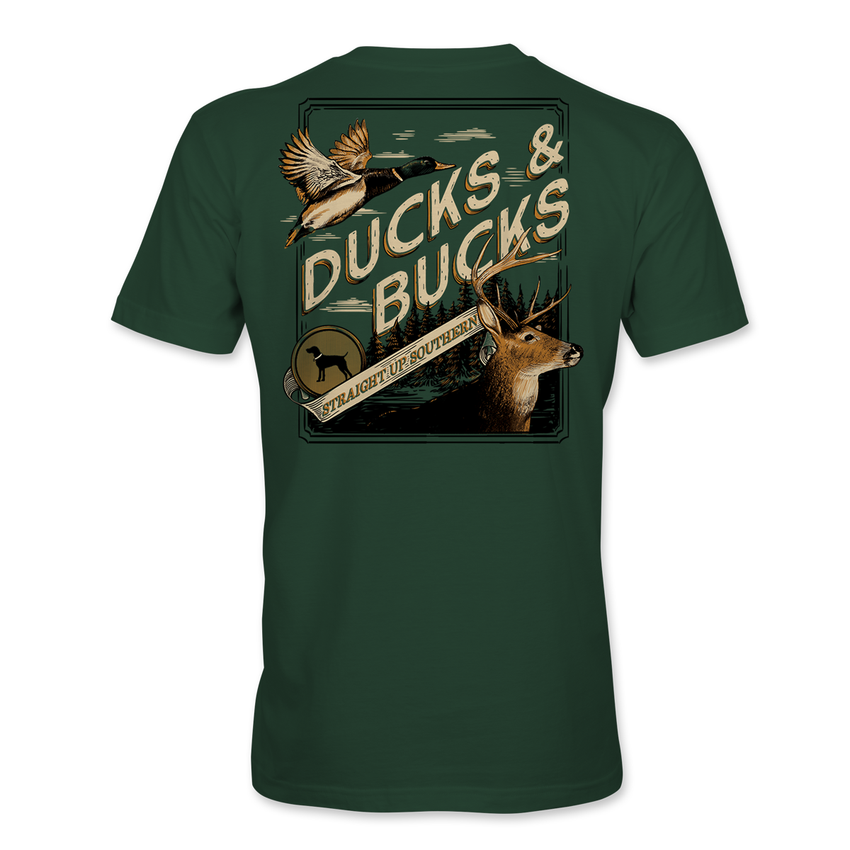 Ducks and Bucks - Mallard Duck and Whitetail Buck Hunting T-Shirt - Green