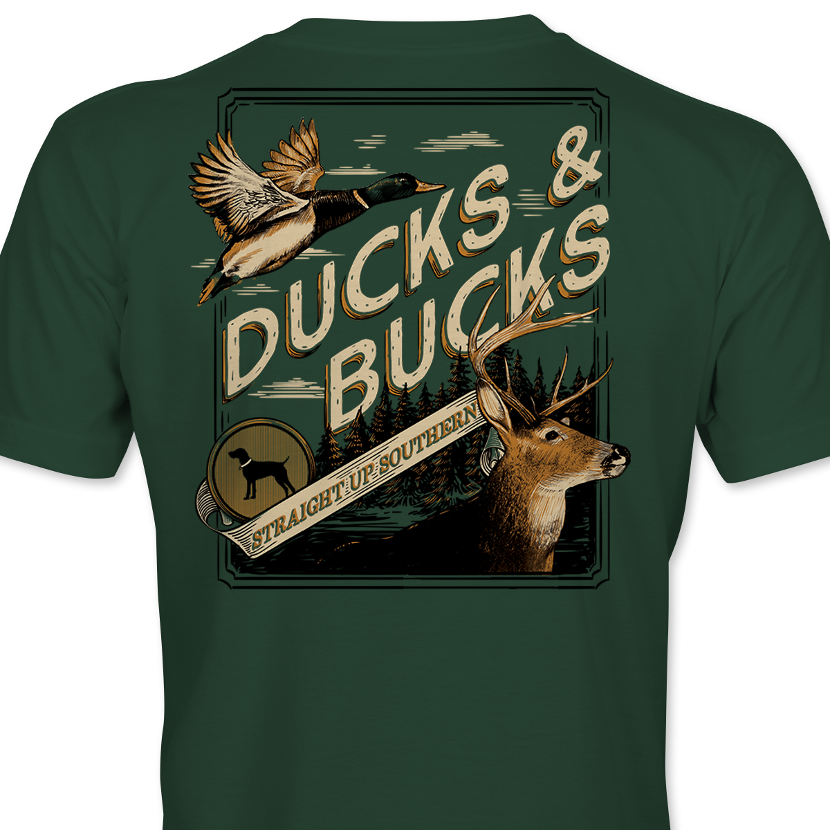 Ducks and Bucks - Mallard Duck and Whitetail Buck Hunting T-Shirt - Green