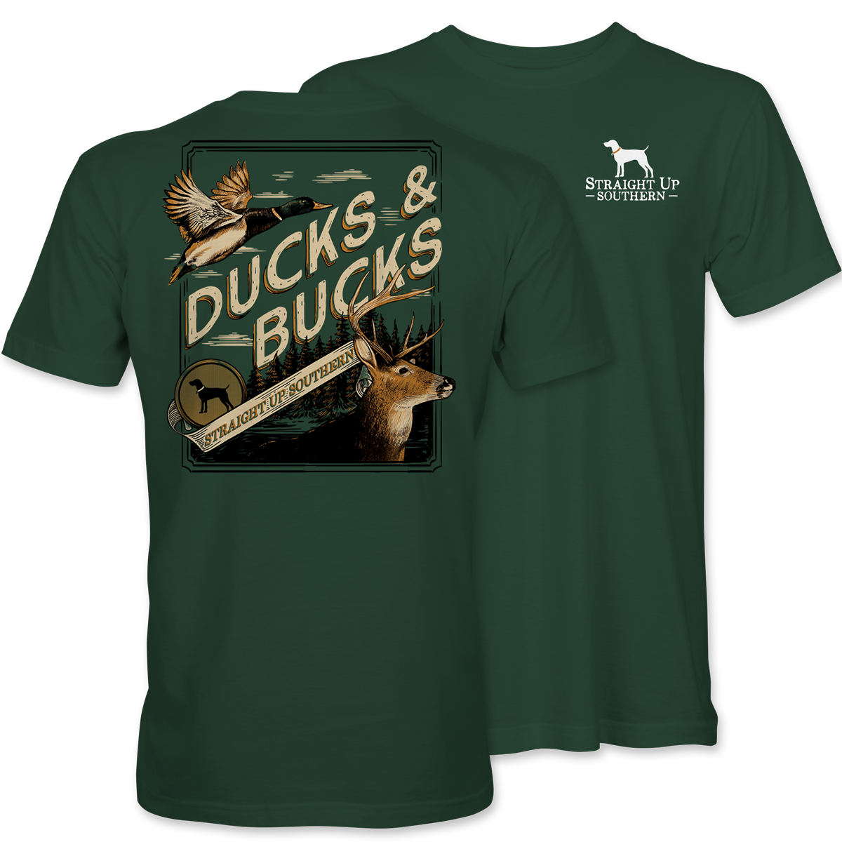 Ducks and Bucks - Mallard Duck and Whitetail Buck Hunting T-Shirt - Green