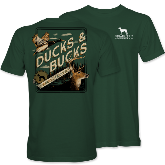 Ducks and Bucks - Mallard Duck and Whitetail Buck Hunting T-Shirt - Green